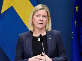 Sweden's Prime Minister Magdalena Andersson speaks during a press conference in Stockholm, Monday, Jan. 10, 2022, about new restriction to tackle a new wave of COVID-19 cases.