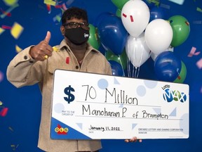 Manoharan Ponnuthurai of Brampton, who won $70-million in a Dec. 2021 Lotto Max draw