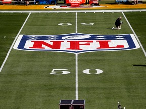 The NFL logo is seen on the field before Super Bowl LV between the Tampa Bay Buccaneers and the Kansas City Chiefs at Raymond James Stadium.