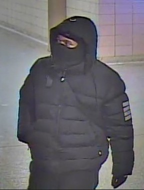 An image released by Toronto Police of a man sought in the spraying of substances at TTC customers.