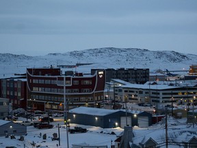 Downtown Iqaluit, Nunavut, is shown after 2 p.m. sunset on Tuesday, Nov. 24, 2020.