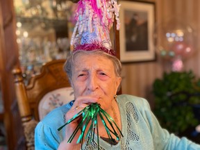 Ersilia Pace, shown celebrating last New Year's Eve, will celebrate her 100th birthday on Sunday.