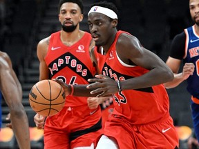 Raptors’ Pascal Siakam dribbles the ball up the floor against the Knicks earlier this week in a game where he notched a double-double at Scotiabank Arena.