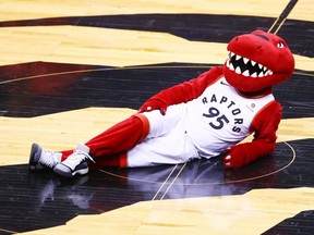 The Toronto Raptors mascot performs during Game One of the 2019 NBA Finals at Scotiabank Arena in Toronto, May 30, 2019.