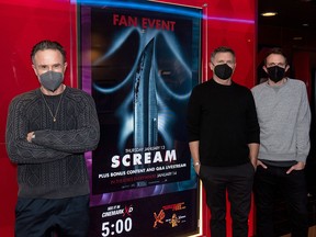 David Arquette, Matt Bettinelli-Olpin, and Kevin Williamson attend the Los Angeles Fan Screening and Q&A for 'SCREAM' at Cinemark Playa Vista and XD on January 13, 2022 in Los Angeles.