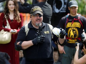 Oath Keepers founder Stewart Rhodes speaks during the Patriots Day Free Speech Rally in Berkeley, California,  April 15, 2017.