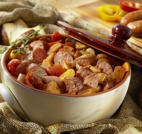 Casserole of smoked peasant sausages.