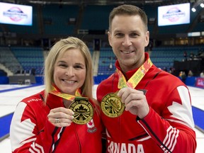 Skips Jennifer Jones (left) and Brad Gushue are scheduled to lead their Canadian four-person curling teams into competition at the 2022 Beijing Winter Olympics.