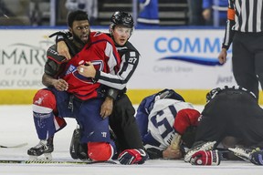 South Carolina Stingrays defenceman Jordan Subban, left, is held by a linesman after getting in a fight with Jacksonville Icemen defenceman Jacob Panetta on Saturday. The ECHL has suspended Panetta after Subban accused him of making a racial gesture.