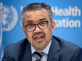 In this file photograph taken on December 20, 2021, World Health Organization (WHO) Director-General Tedros Adhanom Ghebreyesus gives a press conference at WHO headquarters in Geneva.