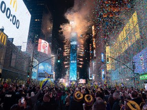 The New Year's Eve Ball touches down to mark the beginning of the new year on Jan. 1, 2022 in New York City.