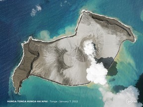 A Planet SkySat image shows a plume of smoke rising from the underwater volcano Hunga Tonga-Hunga Ha'apai days before its eruption on January 15, in Hunga Tonga-Hunga Ha'apai, Tonga, January 07, 2022.