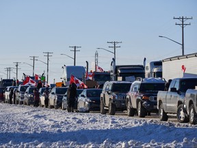 Protesters of COVID-19 restrictions, and supporters of Canadian truck drivers protesting the COVID-19 vaccine mandate cheer on a convoy of trucks on their way to Ottawa, on the Trans-Canada Highway west of Winnipeg, Jan. 25, 2022.
