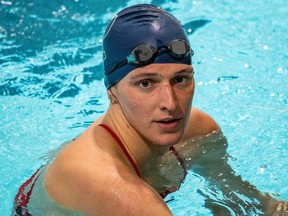 Lia Thomas, a transgender woman, finishes the 200-yard freestyle for the University of Pennsylvania at an Ivy League swim meet against Harvard University in Cambridge, Mass., Jan. 22, 2022.