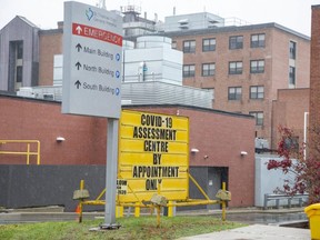 A sign is seen outside the St. Thomas Elgin General Hospital in St. Thomas, Ont., Nov. 14, 2021.