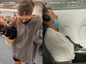 Capture d'écran d'Olivia Culpo en sweat à capuche gris et Christian McCaffrey ayant froid dans l'avion.  (Aurora Culpo/Instagram)
