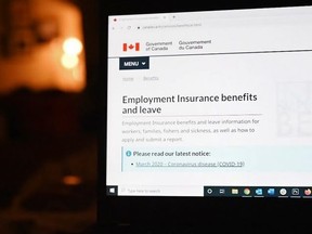 The employment insurance section of the Government of Canada website is shown on a laptop in Toronto on April 4, 2020.