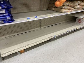 Los camioneros advierten que los compradores pueden encontrar más estantes vacíos como estos si el gobierno federal se apega a su plan para imponer un mandato de vacunación a los conductores que cruzan la frontera.