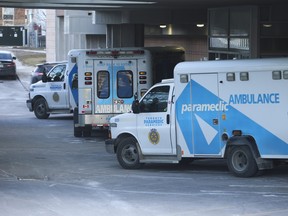 Ambulances at the emergency entrance of East York's Michael Garron Hospital on Jan. 10, 2022.