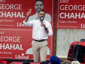George Chahal, Liberal candidate for Calgary Skyview, speaks to supporters at his official campaign launch event outside Rio Banquet Hall. Sunday, August 8, 2021.