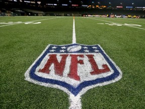 Jan 2, 2022; New Orleans, Louisiana, USA; The NFL logo on the field before the game between the New Orleans Saints and the Carolina Panthers at the Caesars Superdome.