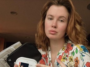 Ireland Baldwin shows off her blood pressure monitor in an Instagram post.