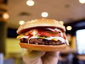 A McDonald's "PLT" burger with a Beyond Meat plant-based patty at one of 28 test restaurant locations in London, Ontario, Canada October 2, 2019.