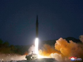 A missile is launched during what state media report is a hypersonic missile test at an undisclosed location in North Korea, January 11, 2022, in this photo released January 12, 2022 by North Korea's Korean Central News Agency (KCNA).