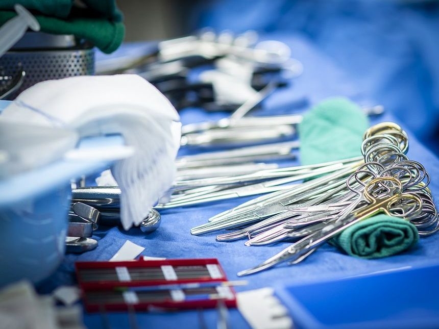Surgical instruments prepped by medical device reprocessing services ready and displayed for surgery at Kingston General Hospital in Kingston, Ontario.   