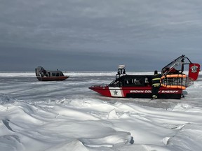 An image from the Brown County Sheriff's Office of a rescue of dozens of anglers after a chunk of ice broke off in Green Bay, Wisc.