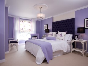Mid-tone mauve walls and a shot of drama, via the upholstered bedhead, provide the perfect backdrop for this bedroom refresh. Tailored linens and crisp white furniture complete the conversion. SUPPLIED