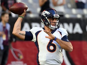 Quarterback Chad Kelly warms up before a Denver Broncos preseason game in 2018. He signed with the Toronto Argonauts on Feb. 11, 2022.