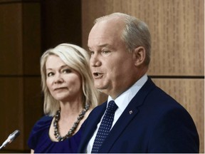 Conservative Leader Erin O'Toole introduces his Deputy Leader Candice Bergen at a press conference on Parliament Hill in Ottawa on Sept. 2, 2021.