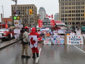 Demonstrators from the Freedom Convoy are pictured on Wellington Street in Ottawa on Feb. 10, 2022.