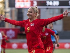 Canadian striker Adriana Leon celebrates her goal in the second half of an exhibition game against New Zealand in Ottawa on Oct. 23, 2021.