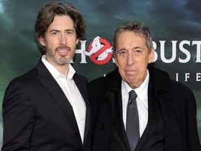 Film director Jason Reitman, left, and father Ivan Reitman attend the "Ghostbusters: Afterlife" New York Premiere at AMC Lincoln Square Theater on November 15, 2021 in New York City.