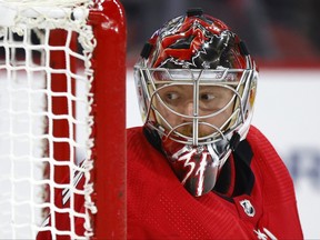 Frederik Andersen #31 of the Carolina Hurricanes looks on during the second period of the game against the Vegas Golden Knights at PNC Arena on January 25, 2022 in Raleigh, North Carolina.