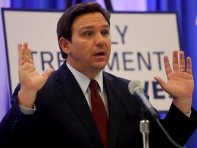 Florida Gov. Ron DeSantis holds a press conference at the Miami Dade College's North Campus on January 26, 2022 in Miami, Florida.