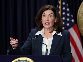 New York Governor Kathy Hochul speaks during a Covid-19 press conference on February 09, 2022 in New York City. Governor Hochul announced the end of the New York state indoor mask mandate, effective tomorrow February 10th.