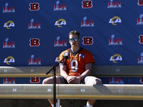 Joe Burrow of the Cincinnati Bengals speaks to the media during a practice for Super Bowl LVI at UCLA's Drake Stadium on February 11, 2022 in Los Angeles.