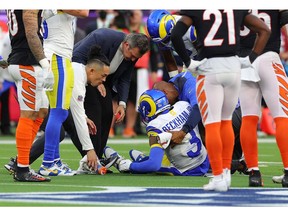 Odell Beckham Jr. of the Los Angeles Rams as he lies on the ground following an injury during the first half of Super Bowl LVI against the Cincinnati Bengals at SoFi Stadium on February 13, 2022 in Inglewood, California.