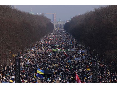 Tens of thousands of people gather in Tiergarten park to protest against the ongoing war in Ukraine on Feb. 27, 2022 in Berlin, Germany.