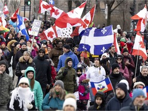 A crowd of a few thousand people gather to support the trucker convoy in Montreal on Feb. 12, 2022.