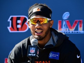 Cincinnati Bengals wide receiver Tyler Boyd speaks during media availability for Super Bowl LVI at Drake Stadium.