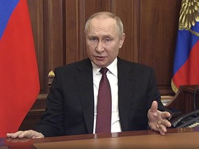 In this video grab taken from a handout footage made available on February 24, 2022 on the official web site of the Russian President, Vladimir Putin announces a "military operation" in Ukraine.
