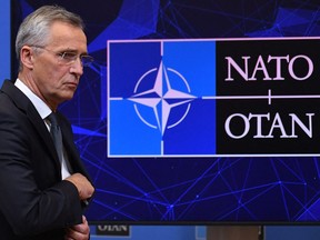 NATO Secretary General Jens Stoltenberg gestures as he gives a statement on Russia's attack on Ukraine, at NATO headquarters in Brussels on February 24, 2022. - Russia's President Vladimir Putin has launched a military operation in Ukraine on February 24, 2022.