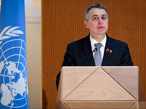 Swiss President Ignazio Cassis delivers a speech at the opening of a session of the UN Human Rights Council on February 28, 2022 in Geneva.