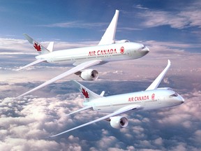 The Boeing 777 (top) and 787 Dreamliner are seen in this handout photograph from Air Canada, which announced on November 9, 2005.