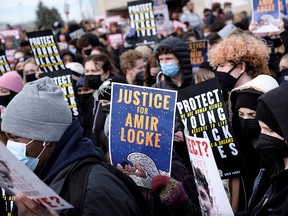 Students participate in a state-wide walkout demanding justice for Amir Locke a Black man who was shot and killed by Minneapolis police, in St. Paul, Minnesota, February 8, 2022.