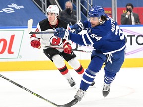 Maple Leafs forward Auston Matthews fires the puck against the New Jersey Devils on Monday night.